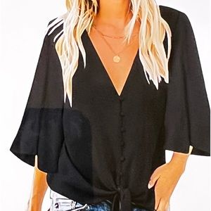 Silky Women's Casual/Dressy V Neck Tops 3/4 Sleeve Tie Knot Blouse